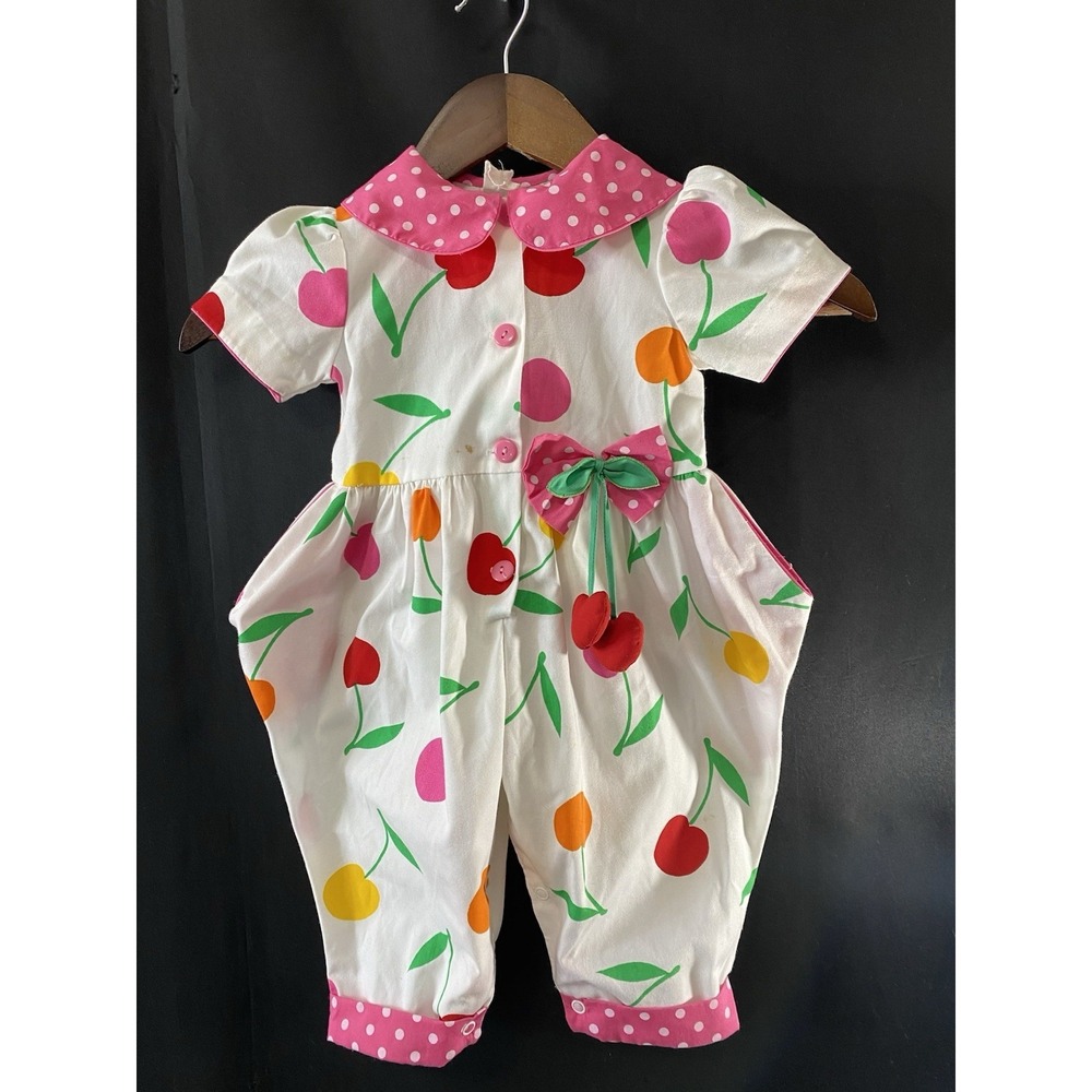 Vintage 90s Baby Girl Pants Romper Cherry Polka Dot Size 12 Months Multi Color